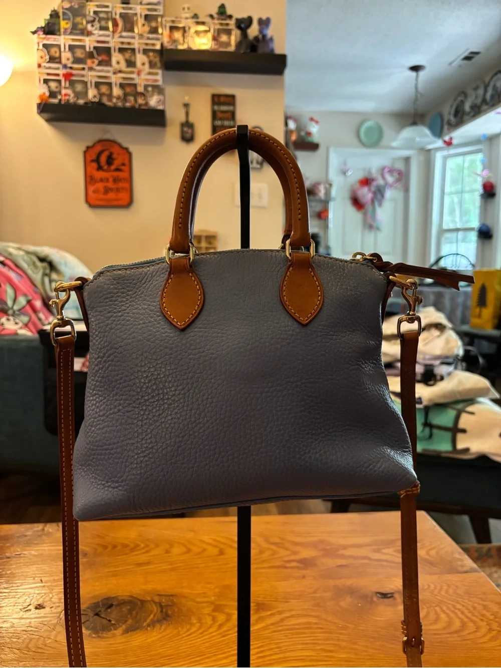 Dooney & Bourke Blue Pebbled Satchel with Tan Trim